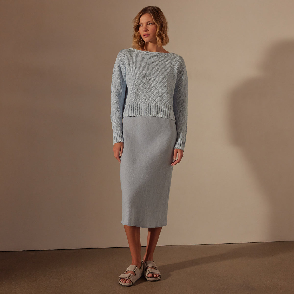 Cotton Linen Boatneck Sweater in Bleached Blue | James Perse Los Angeles