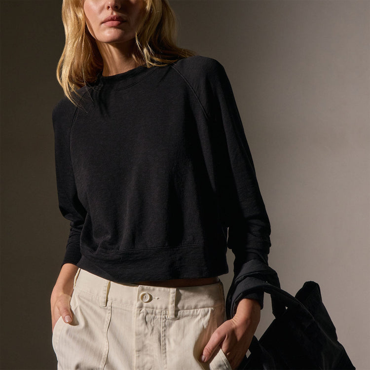 French Terry Cropped Mock Neck  in Black | James Perse Los Angeles