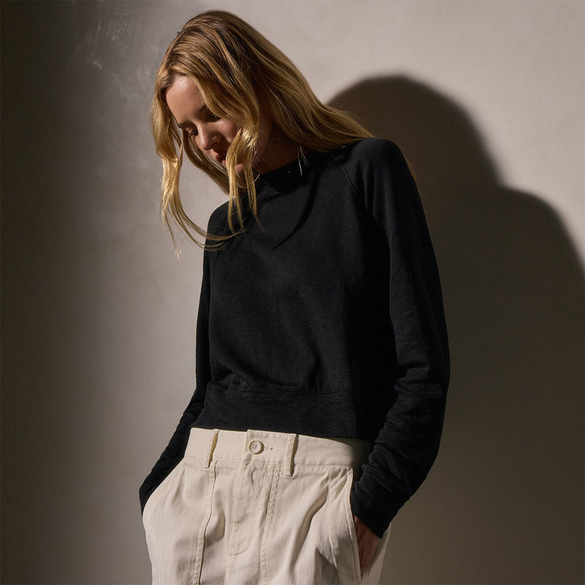French Terry Cropped Mock Neck  in Black | James Perse Los Angeles