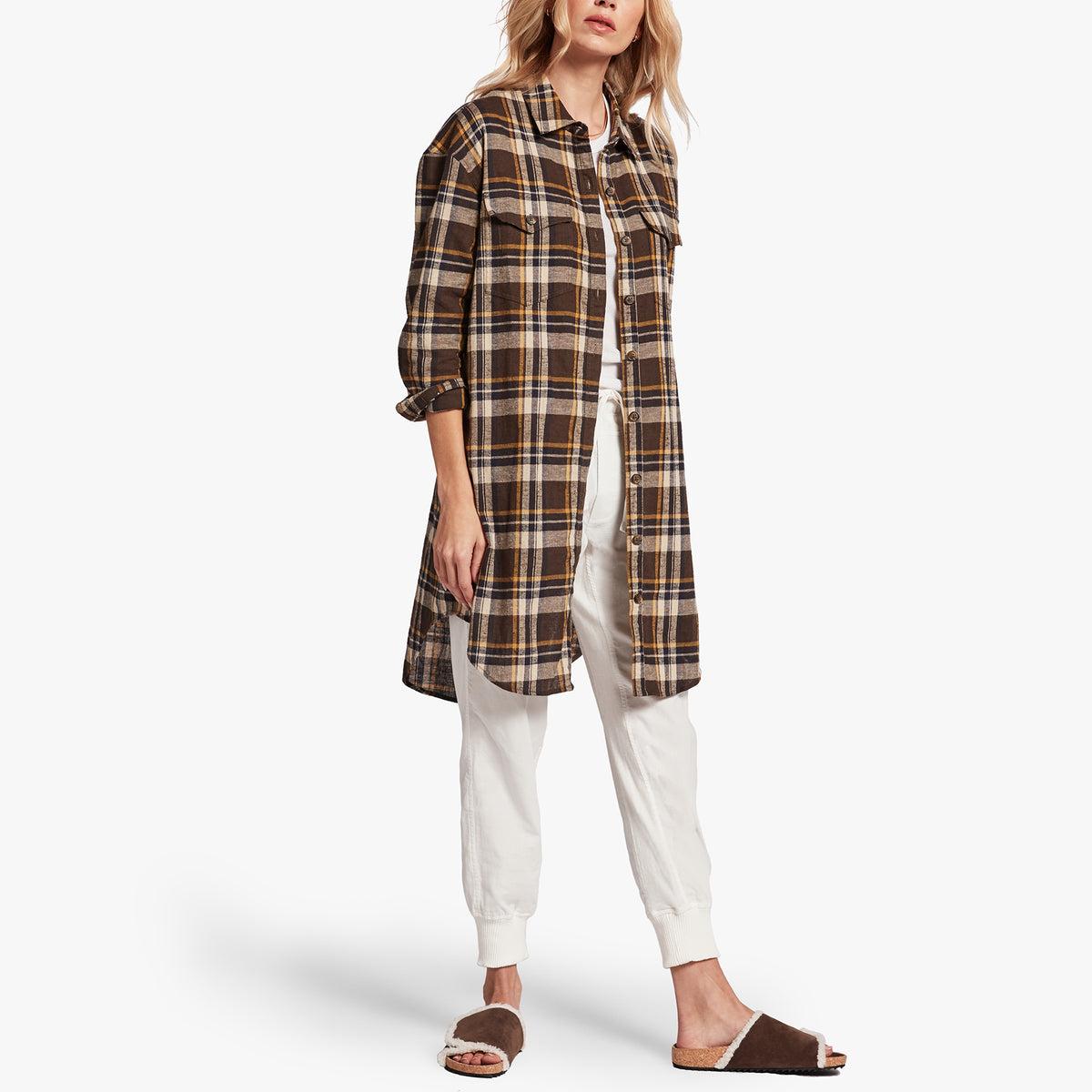Military Plaid Boyfriend Shirt In Coffee Multi Plaid | James Perse Los Angeles