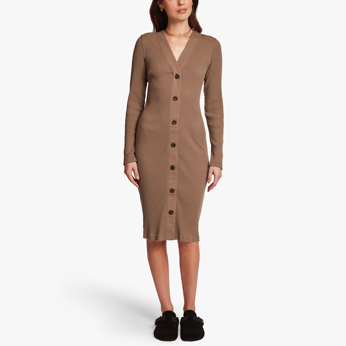 Ribbed Henley Dress In Sable | James Perse Los Angeles