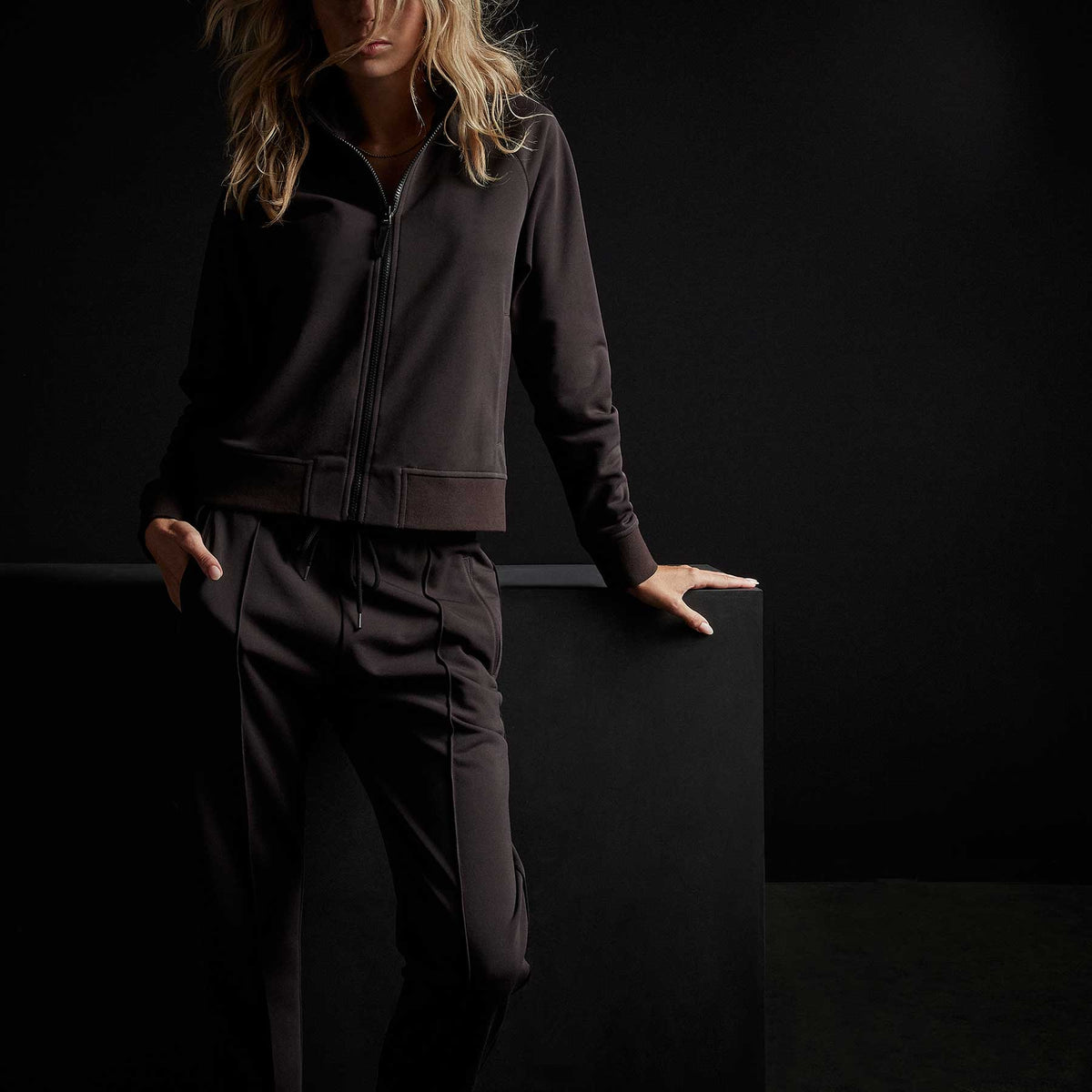 Piped Pintuck Track Jacket in Chocolate | James Perse Los Angeles