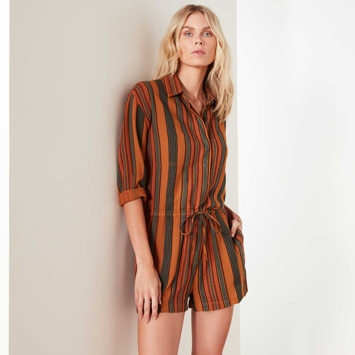 Short Vintage Striped Jumpsuit In Amber Stripe | James Perse Los Angeles