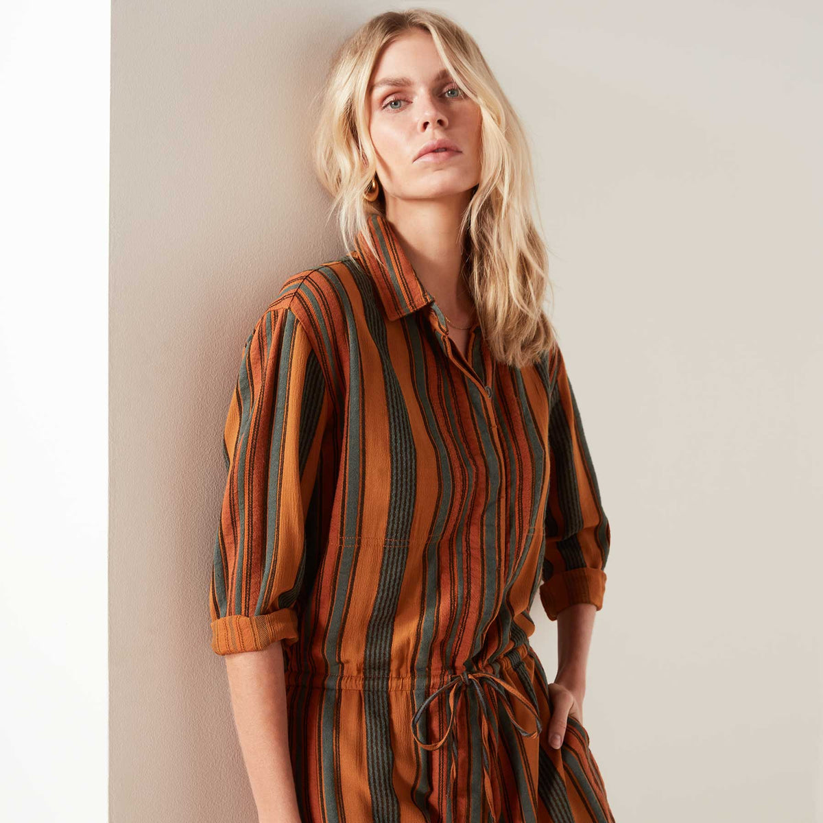 Short Vintage Striped Jumpsuit In Amber Stripe | James Perse Los Angeles